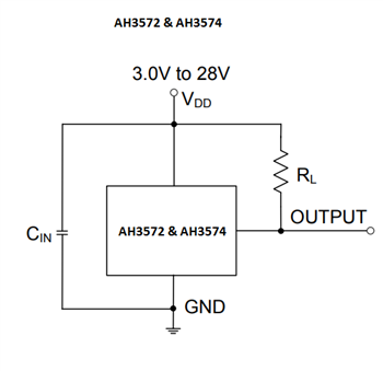 アプリケーション回路図 - Diodes Incorporated AH35xxホール効果オムニポーラ・スイッチ